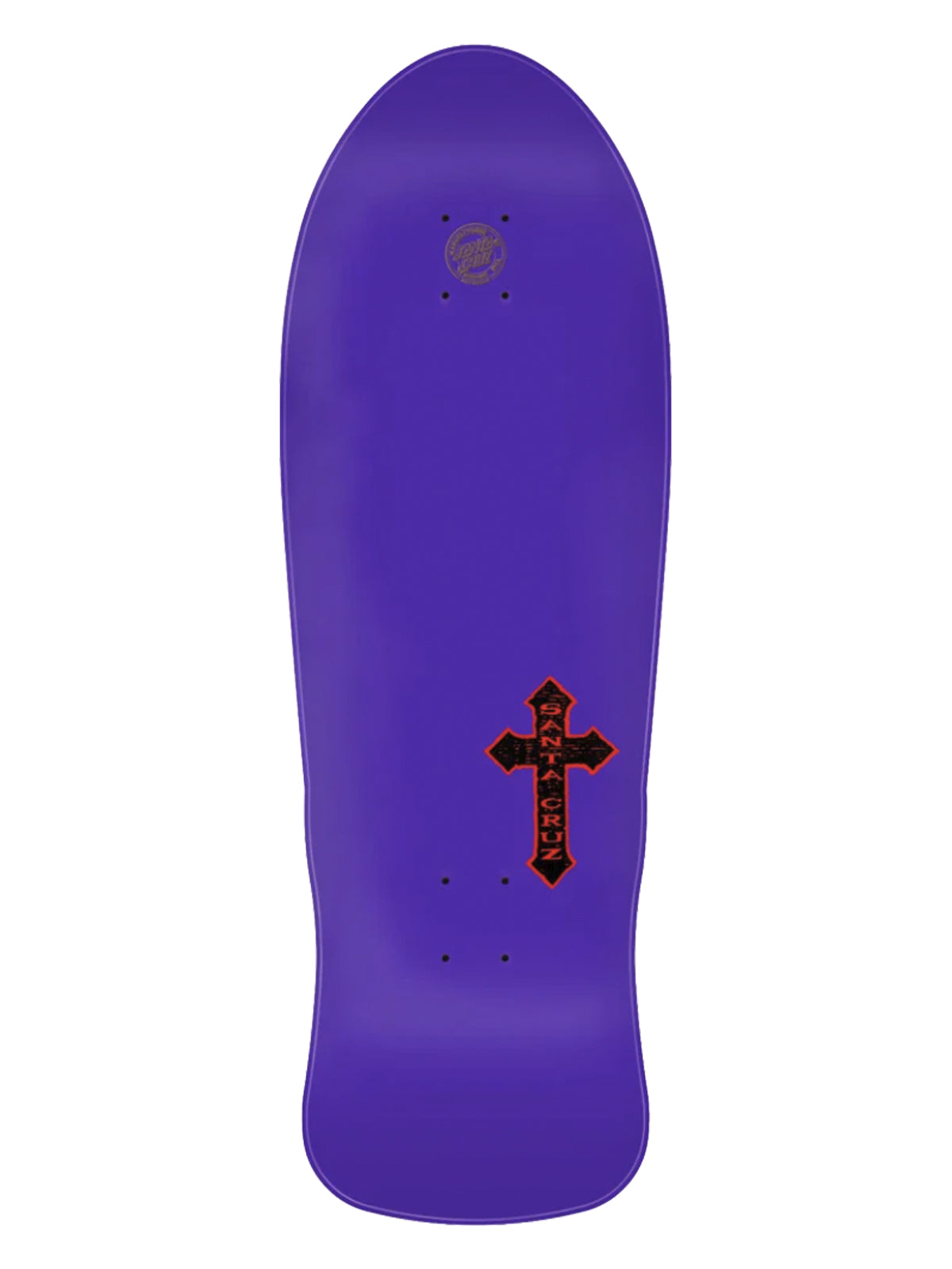 A purple skateboard deck shown from the underside against a plain white background, featuring a black and red cross graphic with the brand name 'BURNER' printed vertically.