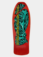 A red skateboard deck with a large teal and black tribal-style graphic and yellow 'DA CRUZ ONTA CRUZON' text, shown against a light gray background.