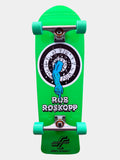 Santa Cruz Rob Roskopp One Old School complete skateboard with a bright green deck, silver trucks, matching green wheels, and a circular black-and-white graphic featuring a blue arm breaking through the centre. 'ROB ROSKOPP' Branding.