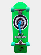 Santa Cruz Rob Roskopp One Old School complete skateboard with a bright green deck, silver trucks, matching green wheels, and a circular black-and-white graphic featuring a blue arm breaking through the centre. 'ROB ROSKOPP' Branding.