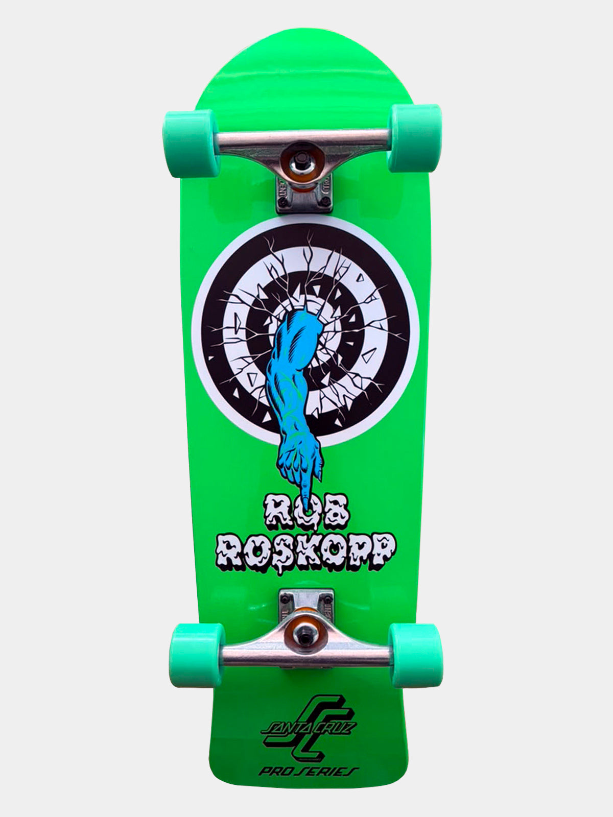 Santa Cruz Rob Roskopp One Old School complete skateboard with a bright green deck, silver trucks, matching green wheels, and a circular black-and-white graphic featuring a blue arm breaking through the centre. 'ROB ROSKOPP' Branding.