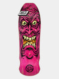 A skateboard deck featuring a highly detailed, screaming pink monster face graphic with yellow eyes and a black and white 'Matte Finish!' sticker at the top, on a light gray background.