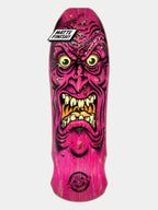 A skateboard deck featuring a highly detailed, screaming pink monster face graphic with yellow eyes and a black and white 'Matte Finish!' sticker at the top, on a light gray background.
