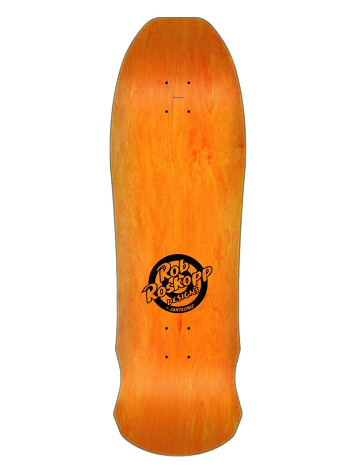 An orange maple skateboard deck with a black circular 'Rob Roskopf Magic' logo printed in the center, shown against a plain white background.