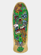 A skateboard deck featuring a highly detailed, colorful psychedelic skull graphic on a natural wood background, shown against a light gray studio backdrop.