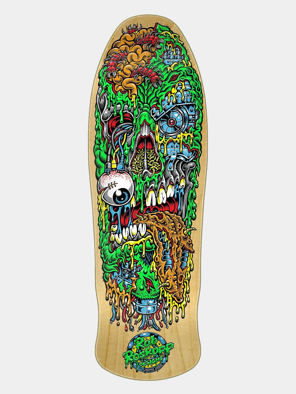 A skateboard deck featuring a highly detailed, colorful psychedelic skull graphic on a natural wood background, shown against a light gray studio backdrop.