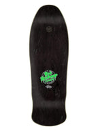 A dark wood skateboard deck shown from the underside, featuring a bright green and white 'Skate Crazy' graphic in the center and a small circular logo near the nose.