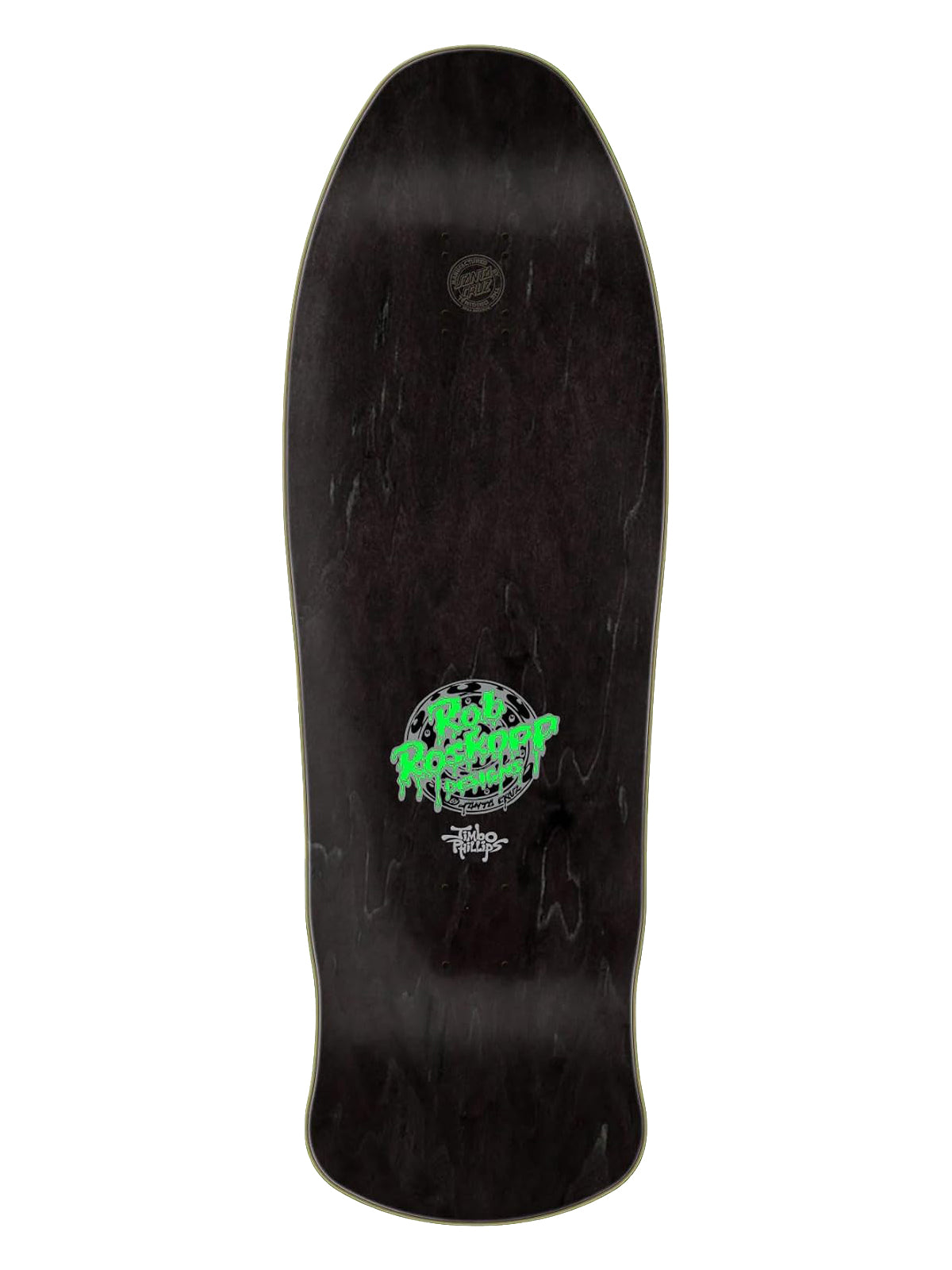 A dark wood skateboard deck shown from the underside, featuring a bright green and white 'Skate Crazy' graphic in the center and a small circular logo near the nose.