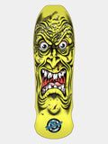 A skateboard deck featuring a highly detailed, screaming green monster face graphic in yellow, black, and red, with a blue and black Rip Curl logo at the bottom.