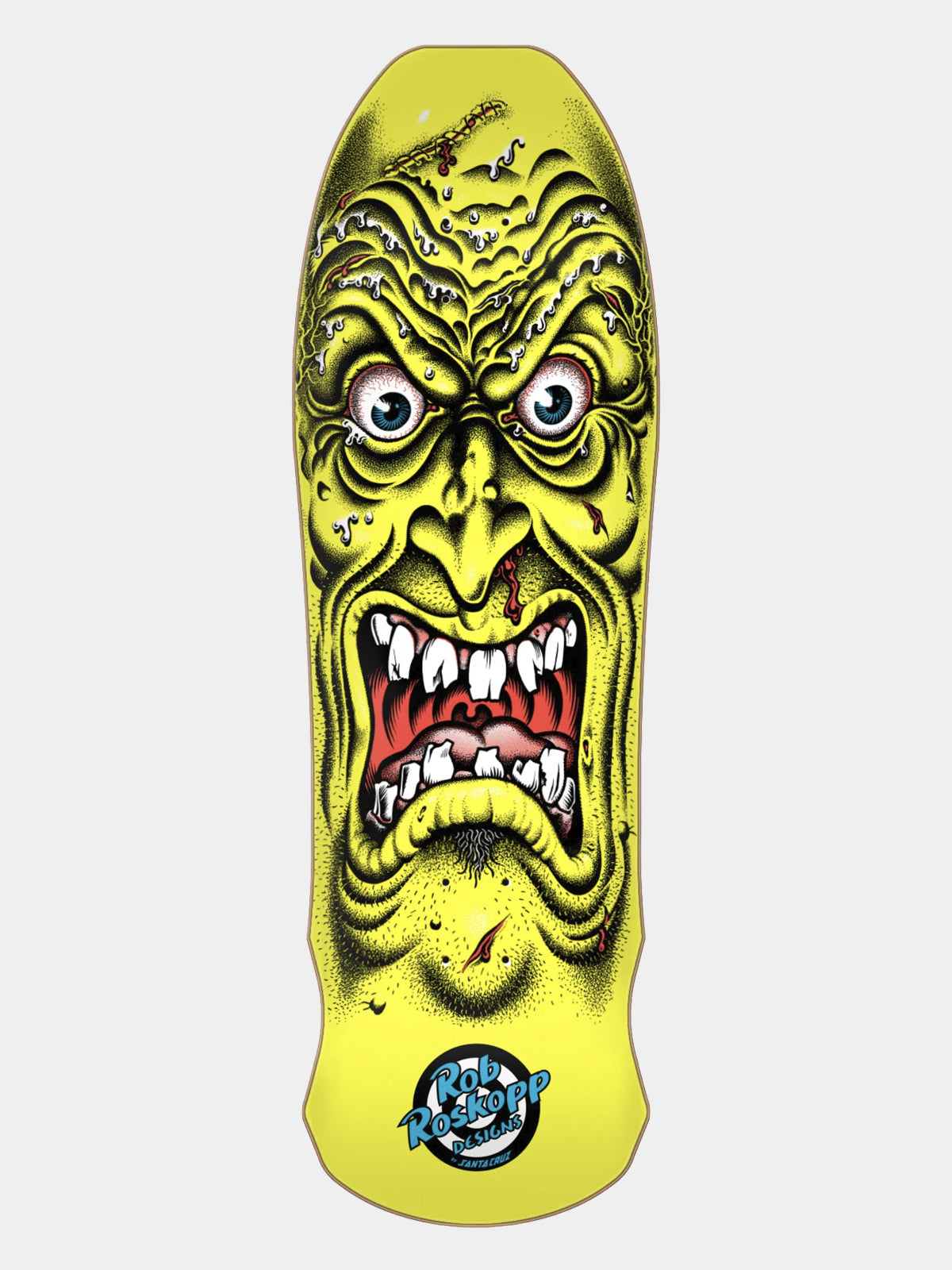 A skateboard deck featuring a highly detailed, screaming green monster face graphic in yellow, black, and red, with a blue and black Rip Curl logo at the bottom.