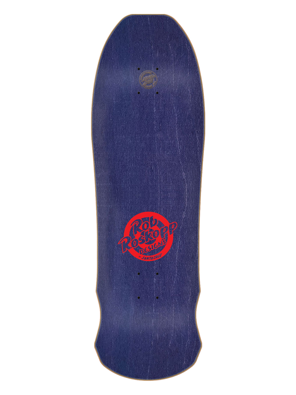 A dark blue skateboard deck with a red and purple 'Rolling Stone' logo printed in the center, shown against a plain white background.