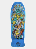 A blue skateboard deck featuring a highly detailed, colorful graphic of a multi-headed monster surrounded by insects and reptiles, with a circular logo at the bottom.