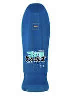 A blue skateboard deck with Japanese graphics and the text 'GODZILLA' and 'JUNIOR LICENSE' on a white background.
