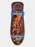 A complete skateboard deck featuring a vibrant graphic design with a roaring tiger, red and orange flames, and blue accents, mounted with blue wheels and silver trucks against a light gray background.