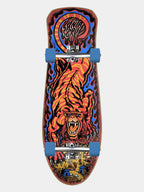 A complete skateboard deck featuring a vibrant graphic design with a roaring tiger, red and orange flames, and blue accents, mounted with blue wheels and silver trucks against a light gray background.