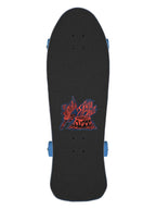A black skateboard deck with blue wheels and a red and blue graphic in the center, shown against a plain white background.