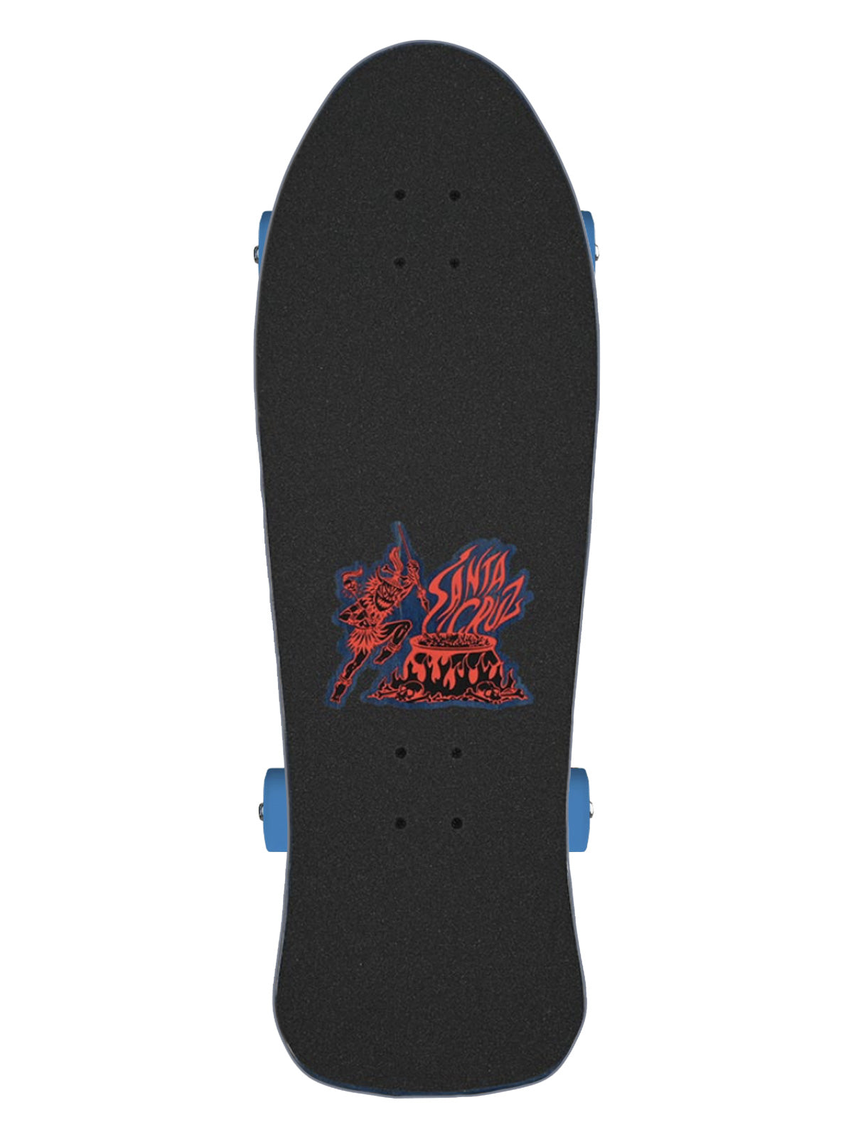 A black skateboard deck with blue wheels and a red and blue graphic in the center, shown against a plain white background.
