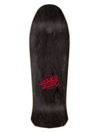 A black skateboard deck with a red Santa Cruz logo printed near the bottom, shown against a plain white background.