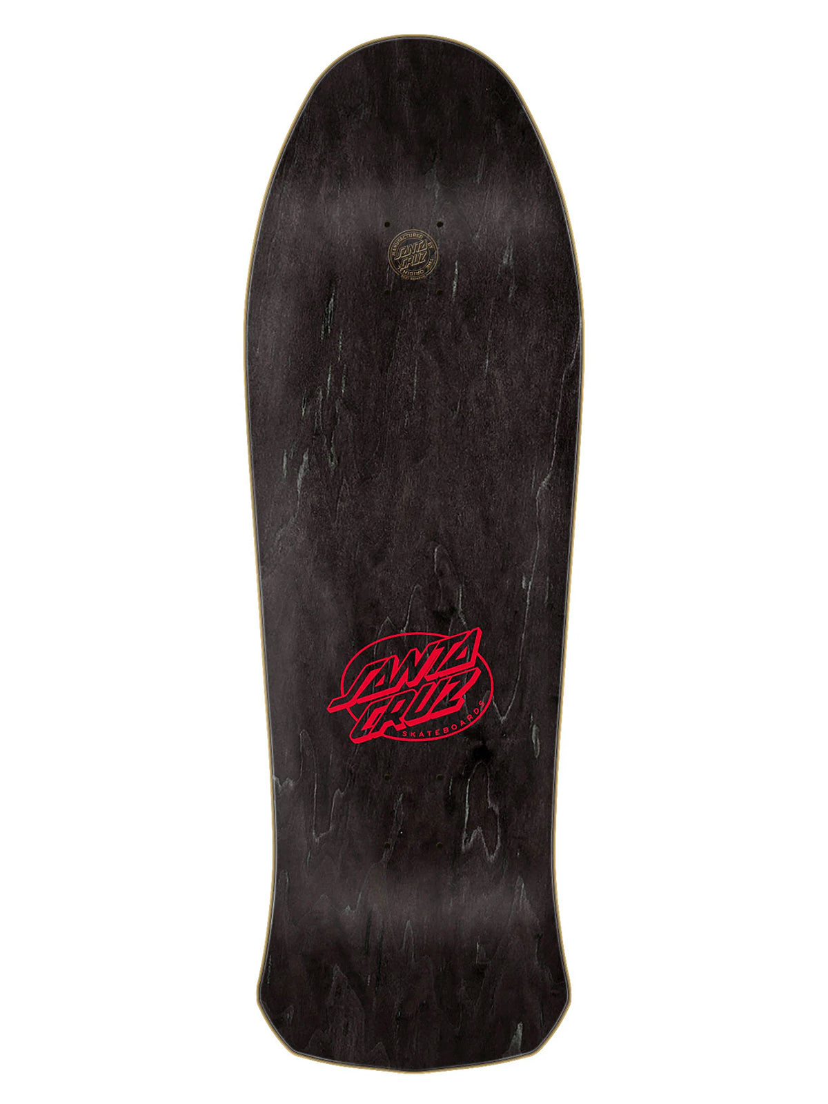 A black skateboard deck with a red Santa Cruz logo printed near the bottom, shown against a plain white background.
