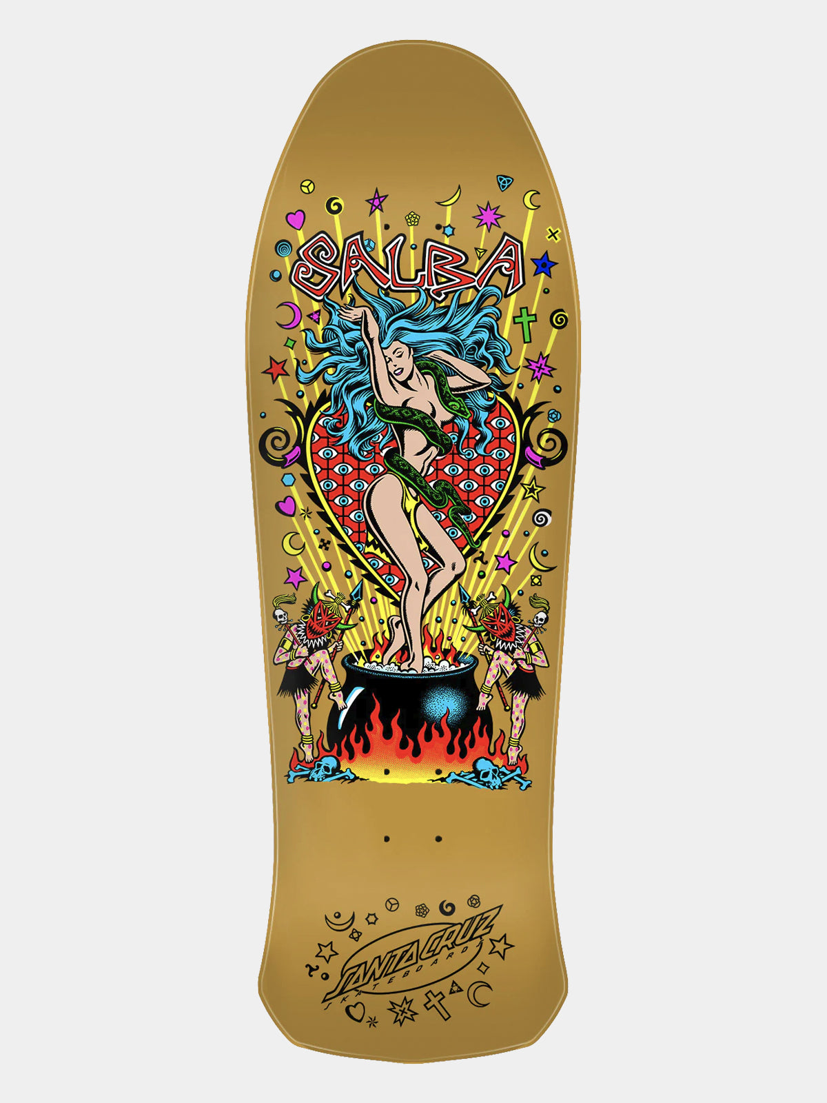 A gold-colored skateboard deck featuring a colorful graphic illustration of a woman with blue hair standing in front of a red heart and cauldron, with the brand name 'SNAEBE' printed at the top and 'SNAEBE' stylized at the bottom.