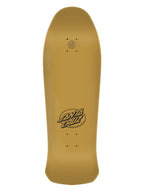 A matte gold skateboard deck shown from the bottom side, featuring the Santa Cruz logo in black near the center, set against a plain white background.