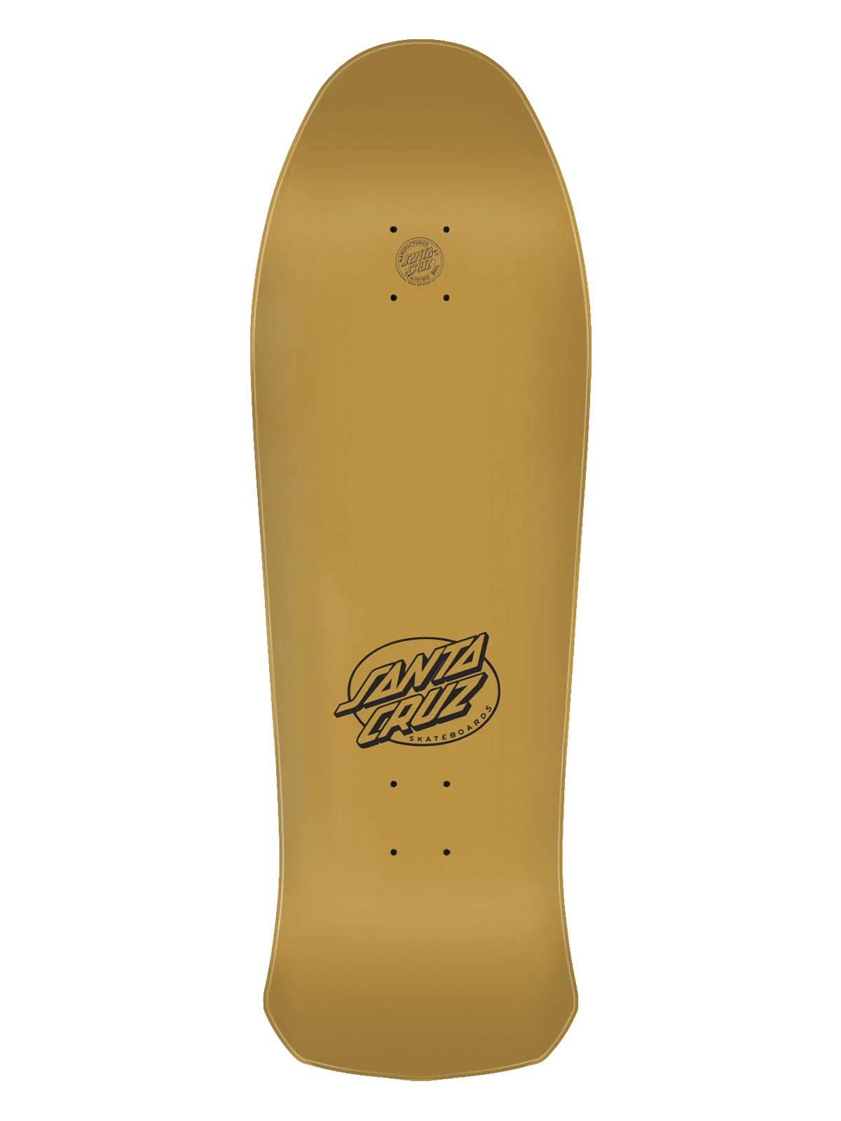 A matte gold skateboard deck shown from the bottom side, featuring the Santa Cruz logo in black near the center, set against a plain white background.