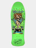 A bright lime green skateboard deck featuring a detailed graphic illustration of a woman standing in a cauldron with the word 'SALSA' above and 'Skateboards' below, set against a light gray background.
