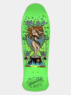 A bright lime green skateboard deck featuring a detailed graphic illustration of a woman standing in a cauldron with the word 'SALSA' above and 'Skateboards' below, set against a light gray background.
