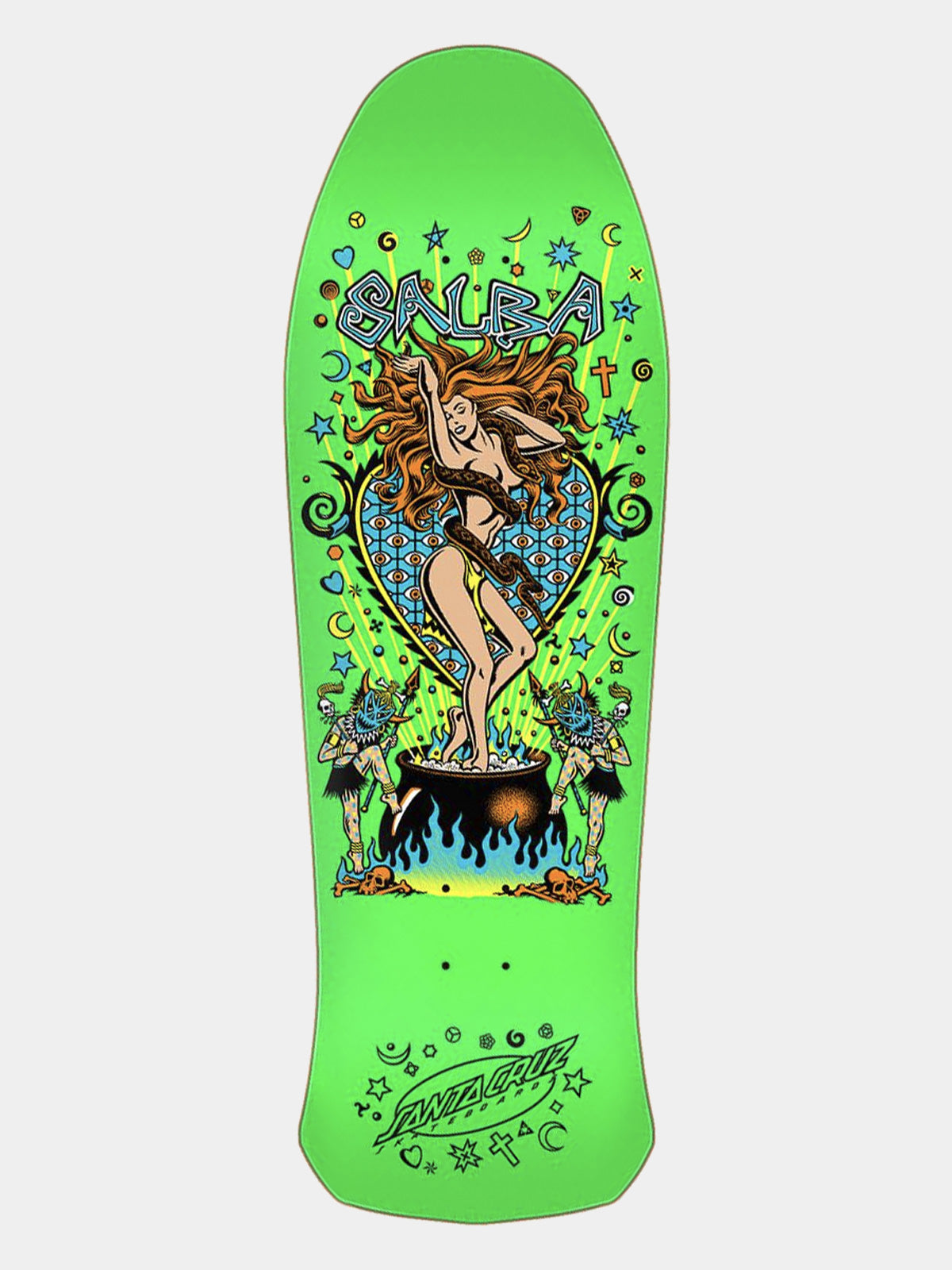 A bright lime green skateboard deck featuring a detailed graphic illustration of a woman standing in a cauldron with the word 'SALSA' above and 'Skateboards' below, set against a light gray background.