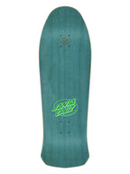 A teal skateboard deck with a bright green Santa Cruz logo printed in the center, shown against a plain white background.