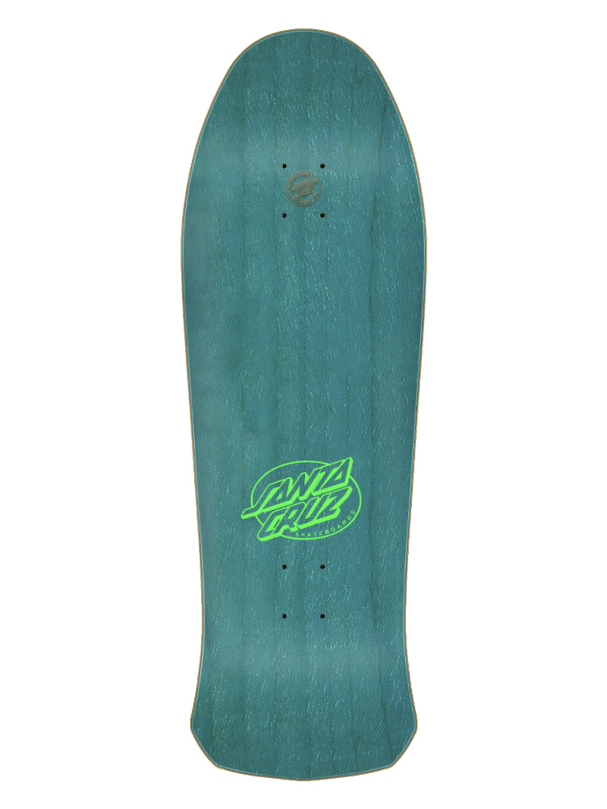 A teal skateboard deck with a bright green Santa Cruz logo printed in the center, shown against a plain white background.