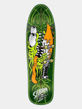 A skateboard deck featuring a vibrant green background with a detailed graphic of a skull, green slime, and an orange flame, with the 'Skaterama' brand logo printed at the bottom.