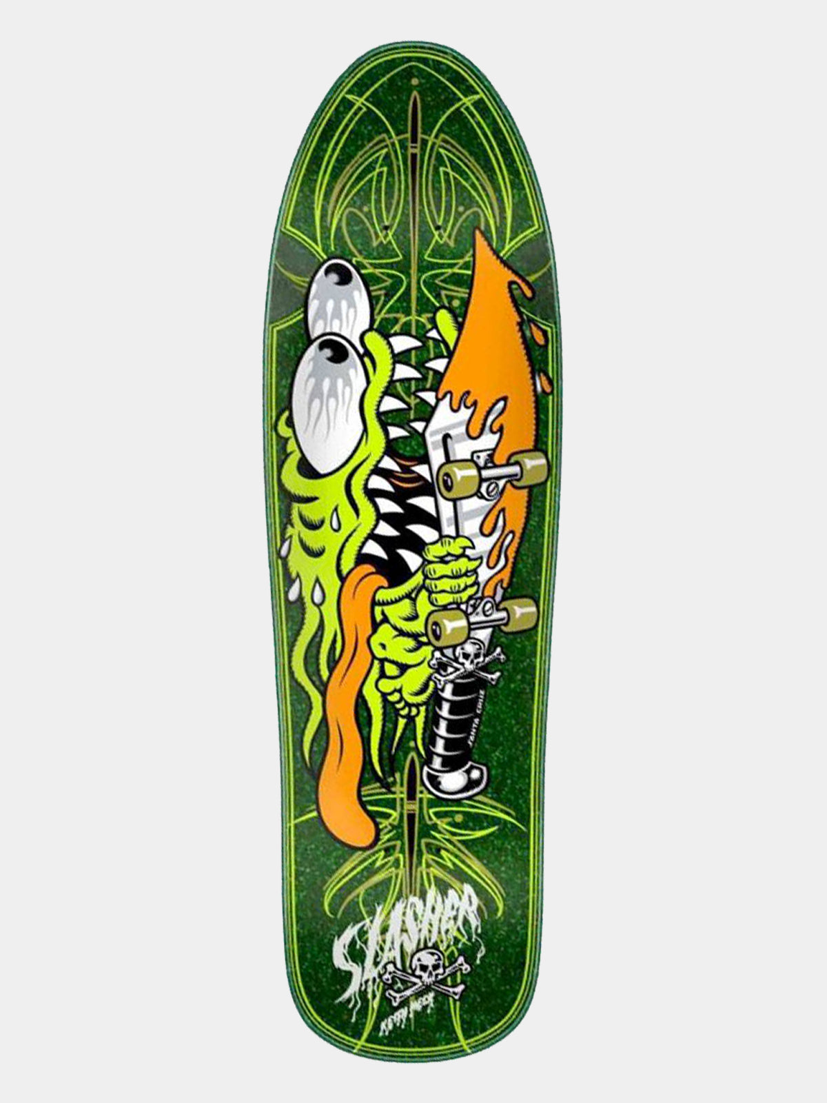 A skateboard deck featuring a vibrant green background with a detailed graphic of a skull, green slime, and an orange flame, with the 'Skaterama' brand logo printed at the bottom.