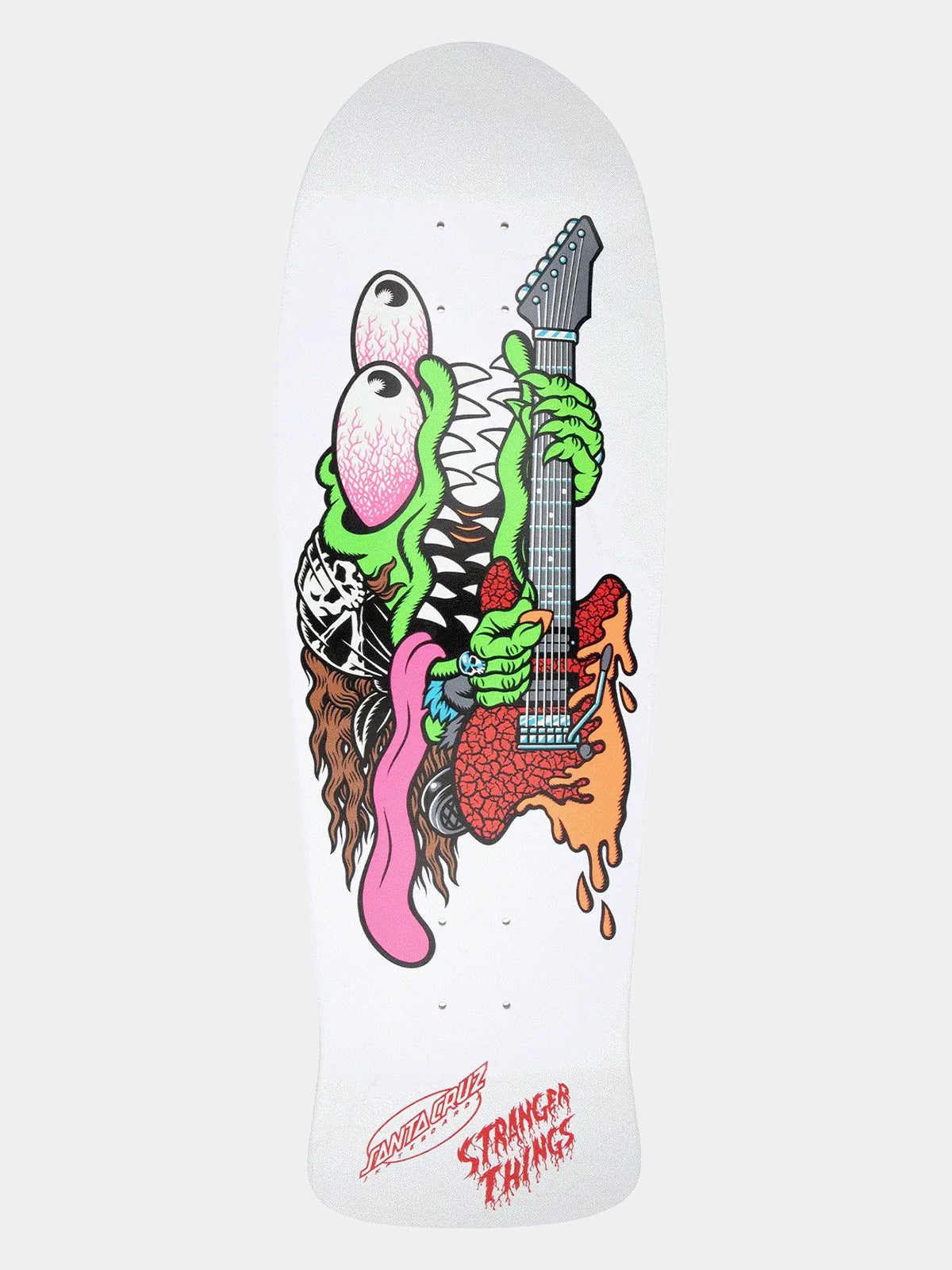 A white skateboard deck featuring a colorful graphic of a green alien playing a melting red and orange guitar, with 'Stranger Things' branding printed in red at the bottom.