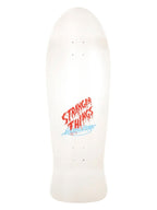 A white skateboard deck featuring a red and blue 'Stranger Things' graphic in the center, shown against a plain white background.