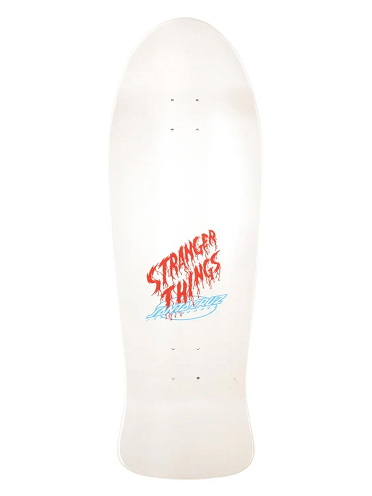 A white skateboard deck featuring a red and blue 'Stranger Things' graphic in the center, shown against a plain white background.