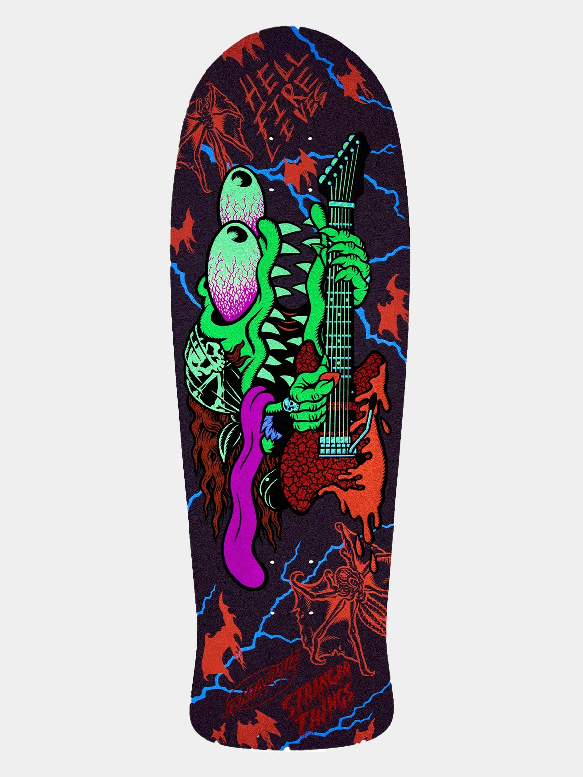 A skateboard deck featuring a vibrant, psychedelic graphic of a green monster playing a guitar, surrounded by red bats, blue lightning, and black text on a dark background.