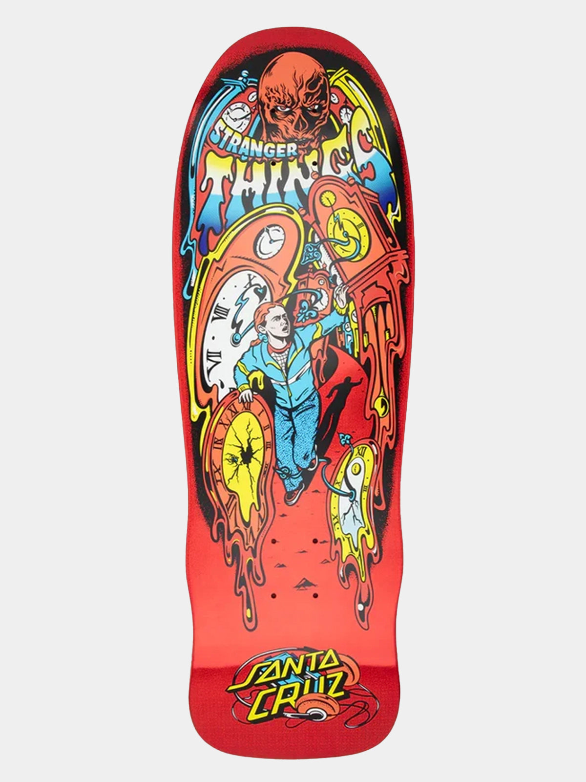 A Santa Cruz skateboard deck featuring a vibrant red base with a highly detailed, colorful psychedelic graphic illustration and the Santa Cruz logo at the bottom.