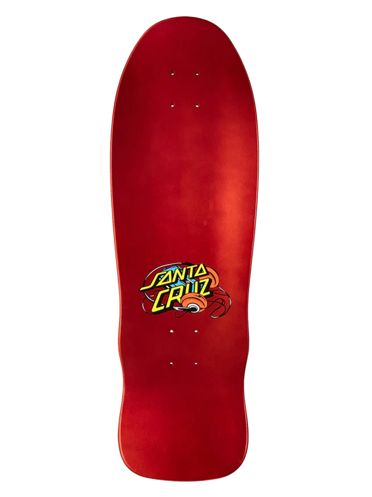 A Santa Cruz skateboard deck in a glossy dark red finish, featuring the brand's 'Santa Cruz' logo and a red rattlesnake graphic on the underside, set against a plain white background.