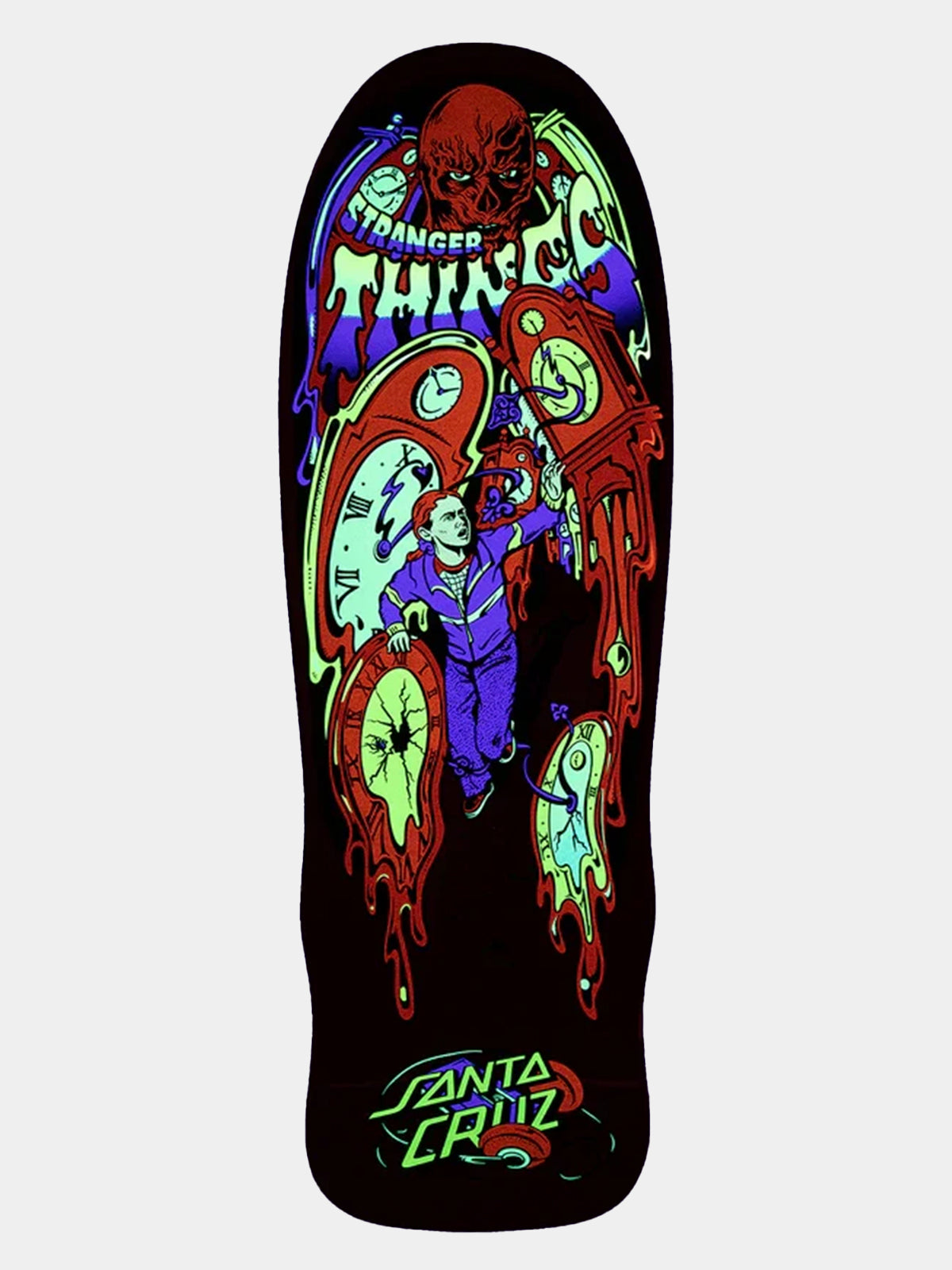 A Santa Cruz skateboard deck featuring a highly detailed, colorful graphic print on a black background. The design includes a red skull, a figure in a purple jumpsuit, dripping red elements, and the 'Santa Cruz' logo at the bottom.
