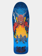 A Santa Cruz skateboard deck featuring a vibrant graphic illustration of a red demon holding a sword and chain, with yellow flames and a blue background.
