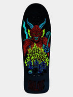 A black skateboard deck featuring a large graphic of a red horned devil surrounded by bright green and yellow flames, with blue chains and figures below, and the brand name 'SILHOUZ' printed in stylized red lettering at the bottom.