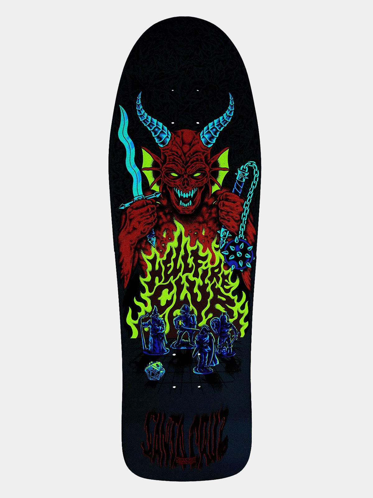 A black skateboard deck featuring a large graphic of a red horned devil surrounded by bright green and yellow flames, with blue chains and figures below, and the brand name 'SILHOUZ' printed in stylized red lettering at the bottom.
