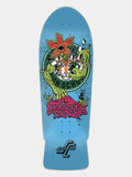 A light blue skateboard deck featuring a colorful graphic of a tiger, a green monster, and a pink mountain, with the text 'STRAIGHT THROUGH' and a stylized 'SC' logo at the bottom.