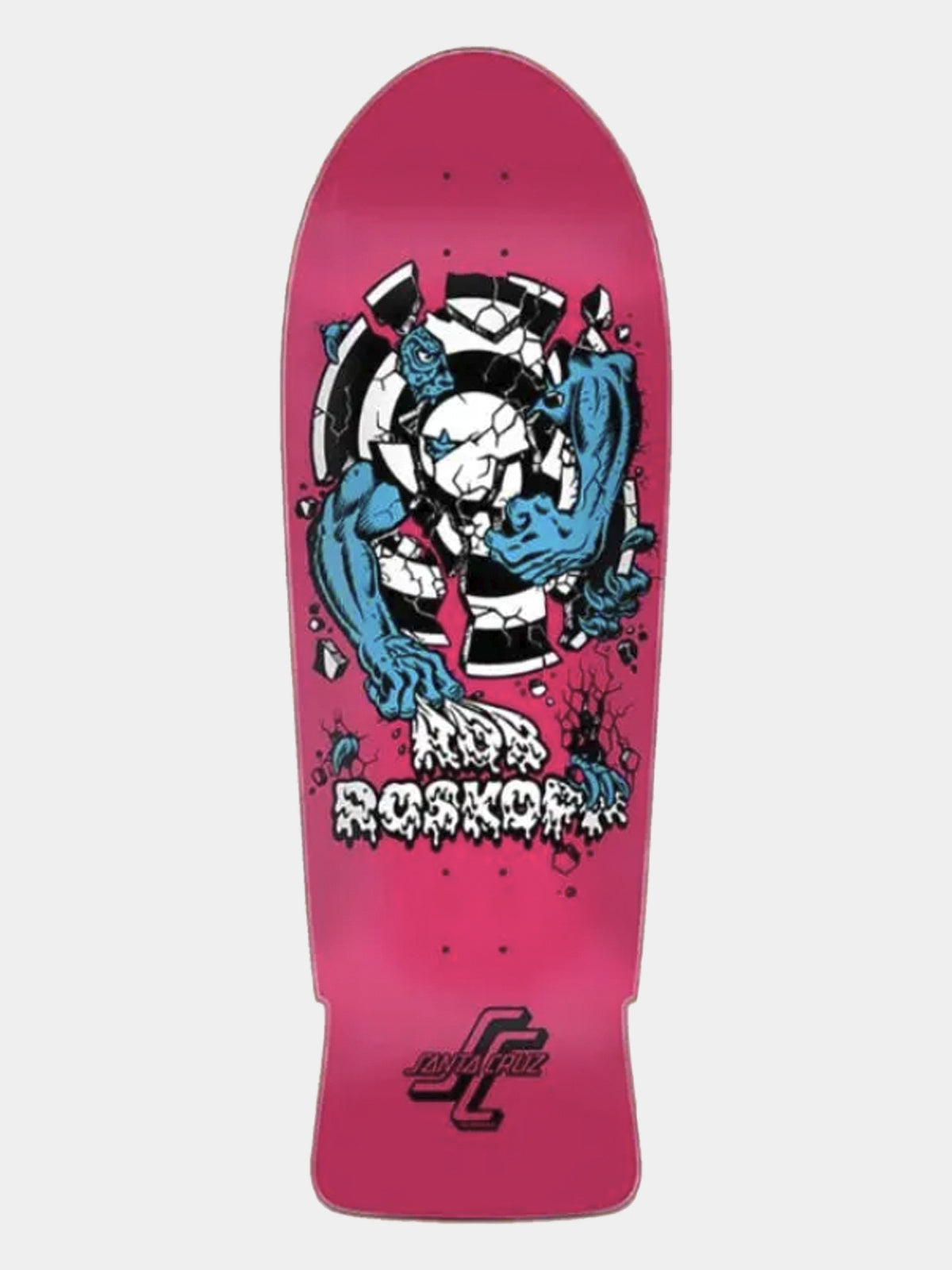A pink deckboard featuring a graphic of a blue and white skull-faced creature with the text 'KILL ROSHON' and a stylized 'SC' logo near the tail, shown against a light gray background.