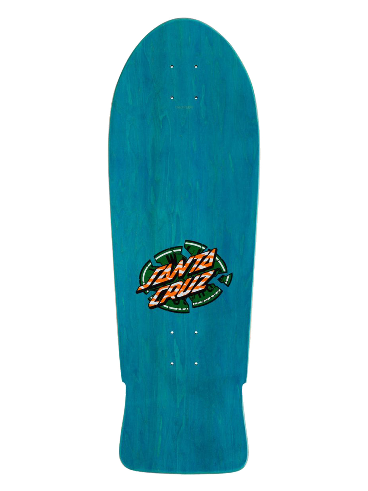 A Santa Cruz longboard skateboard deck in a vibrant teal blue wood finish, featuring the classic Santa Cruz logo in green, orange, and white near the center.