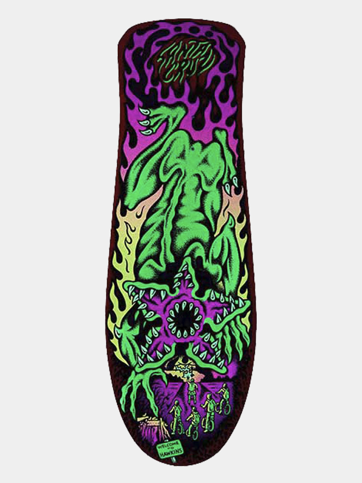 A skateboard deck featuring a highly detailed, psychedelic horror graphic with a green monster, purple flames, and a skull-like face, shown against a light gray background.