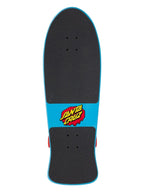 A Santa Cruz skateboard deck shown from the underside, featuring a bright blue transition section with the red and yellow Santa Cruz logo, black grip tape on the deck, and a turquoise edge.