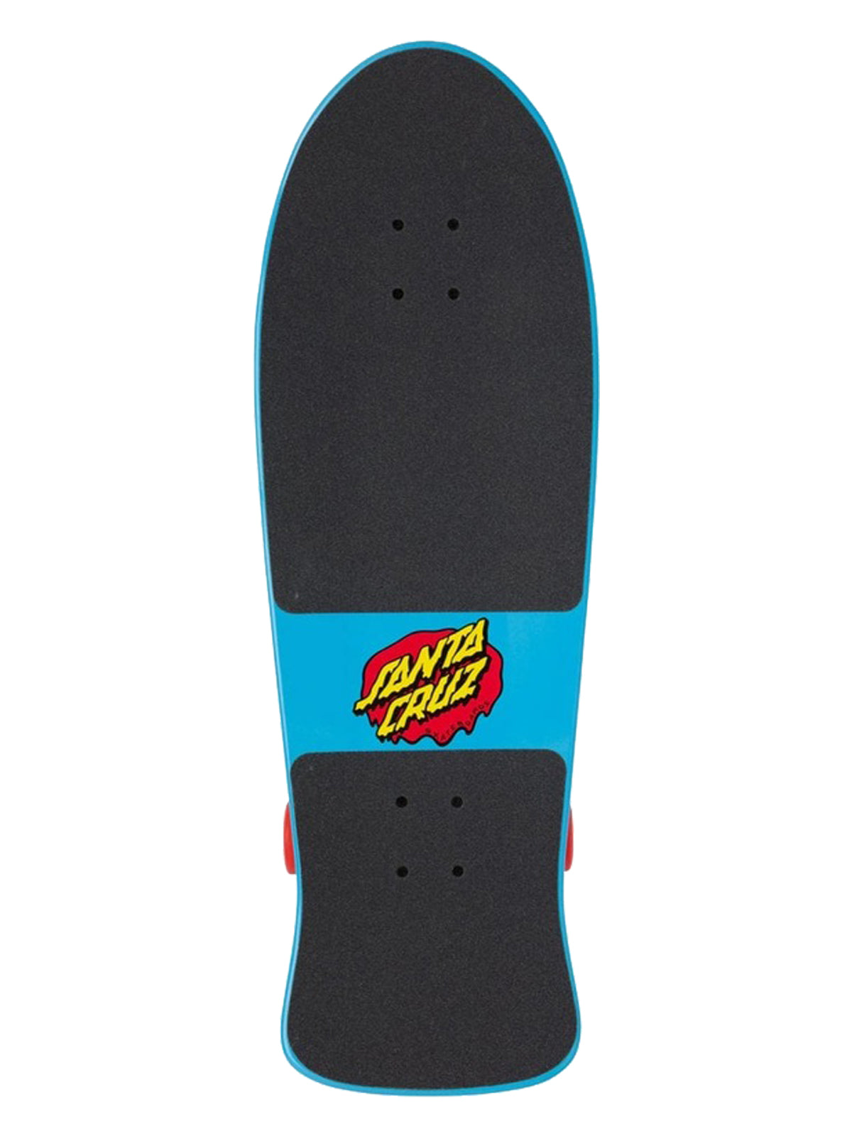 A Santa Cruz skateboard deck shown from the underside, featuring a bright blue transition section with the red and yellow Santa Cruz logo, black grip tape on the deck, and a turquoise edge.