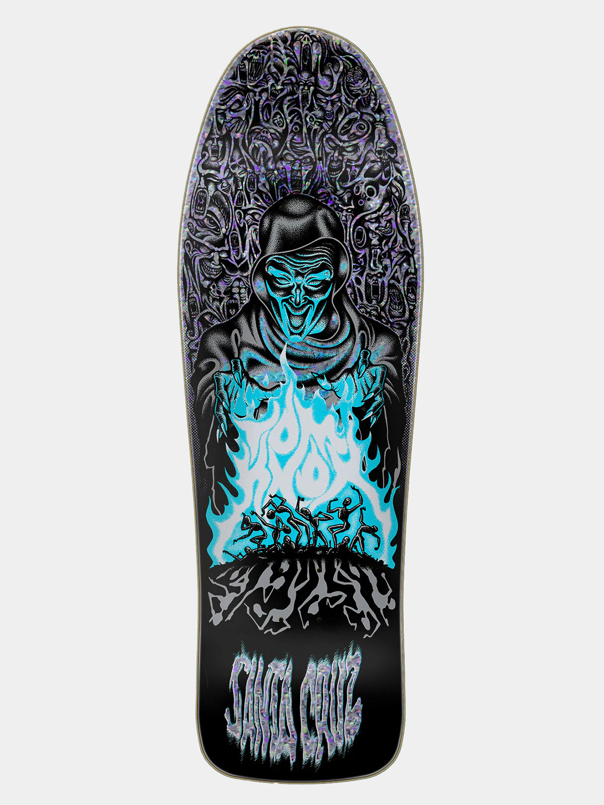 A skateboard deck featuring a detailed graphic illustration of a hooded figure with glowing blue flames and a dark, ornate background, with the brand name 'SHOGUN' printed at the bottom.